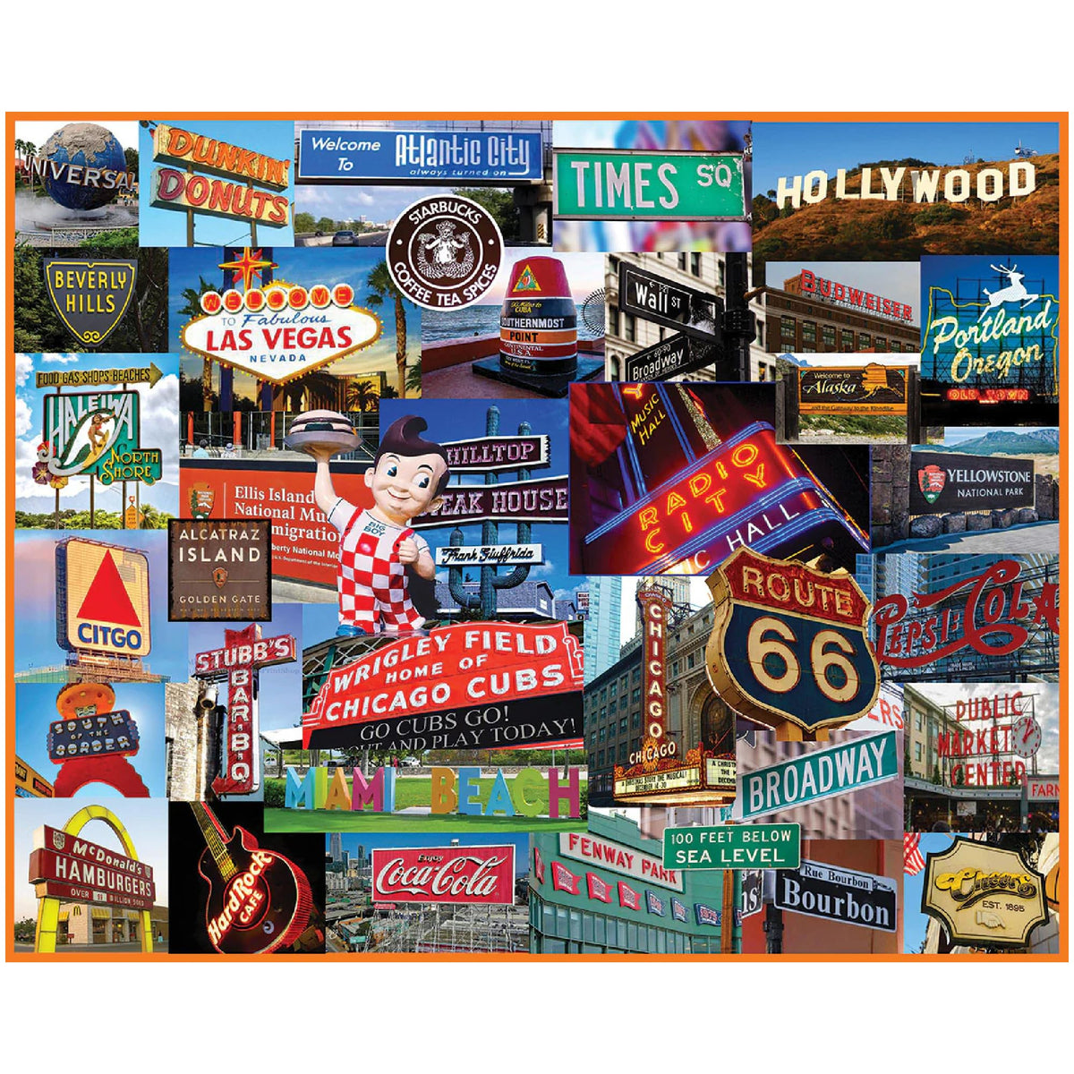 White Mountain 1000pc puzzle featuring signs across America collage for family-friendly hours