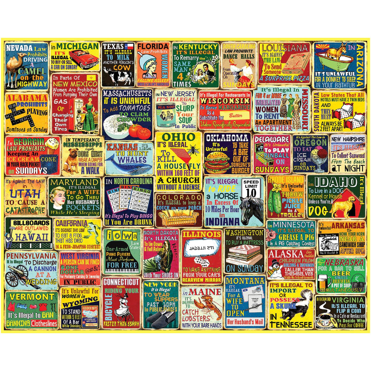 White Mountain puzzle image shows the crazy state laws collage for a fun trivia night