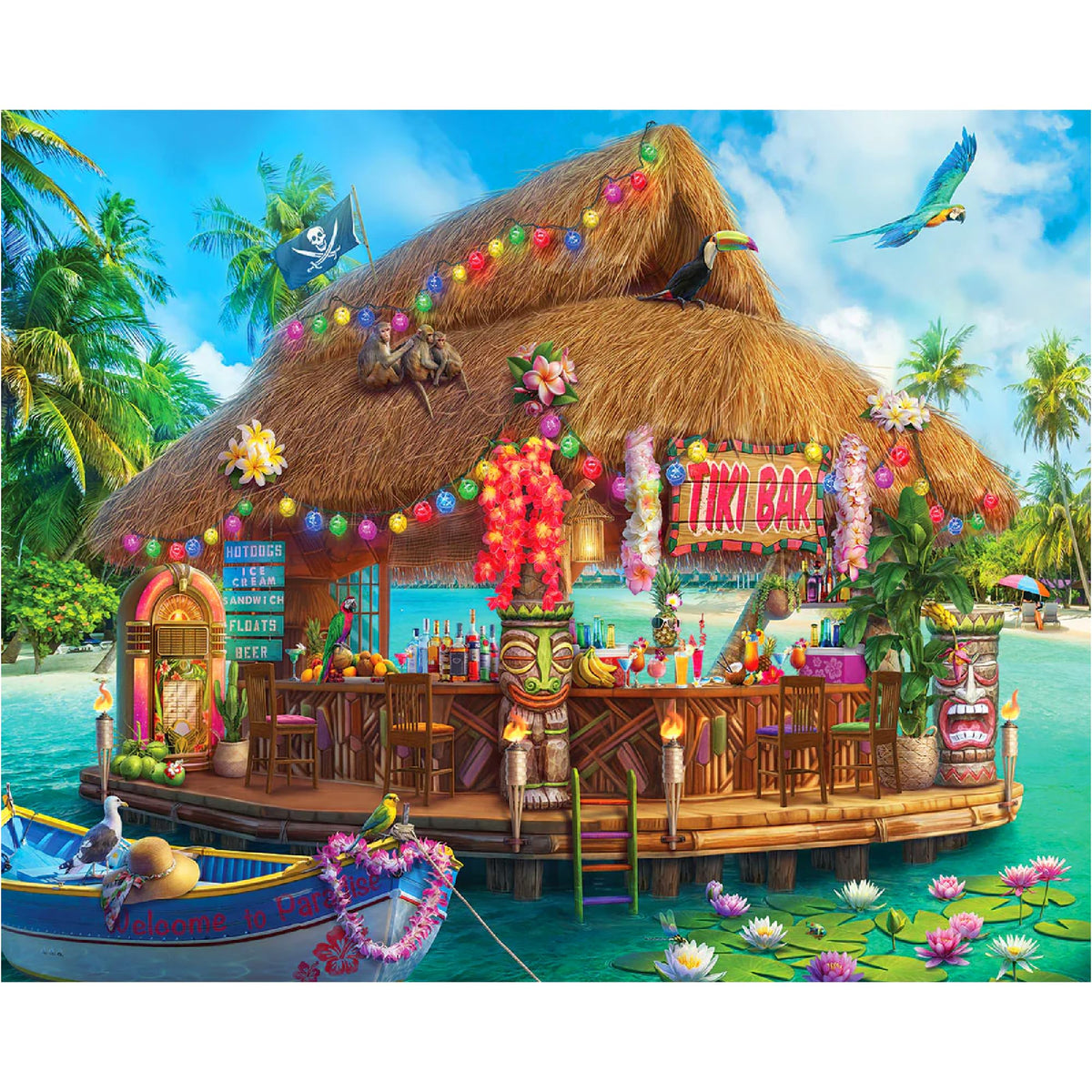 White Mountain floating tiki bar puzzle cover with large pieces for easy family fun.