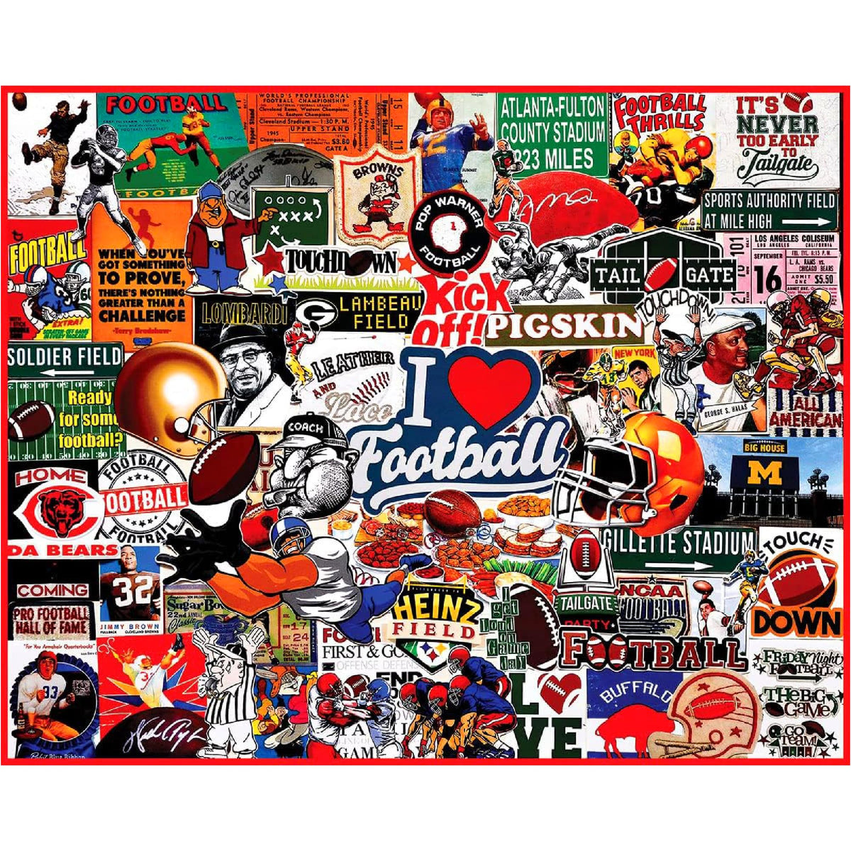 White Mountain football puzzle collage showing vintage memorabilia for cozy evenings.