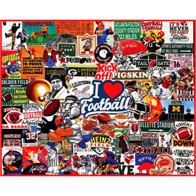 White Mountain football puzzle collage showing vintage memorabilia for cozy evenings.