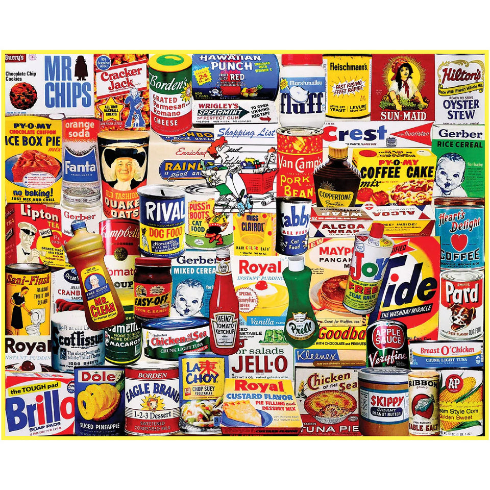White Mountain Mom's Shopping List puzzle with vintage labels—large pieces ideal for family game night.