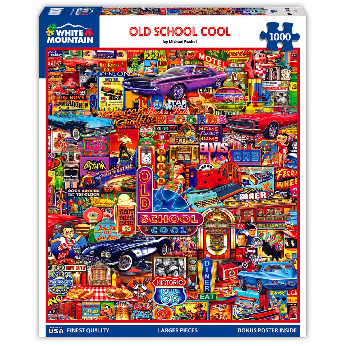 White Mountain old school cool puzzle front cover showing vibrant retro imagery for family night