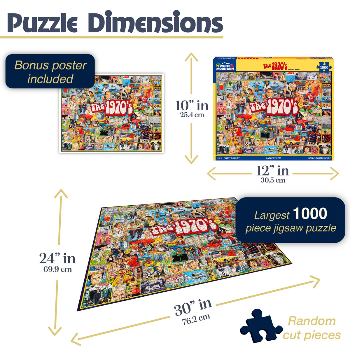 White Mountain seventies fashion and celebrities 1000-piece puzzle for immersive nostalgia.