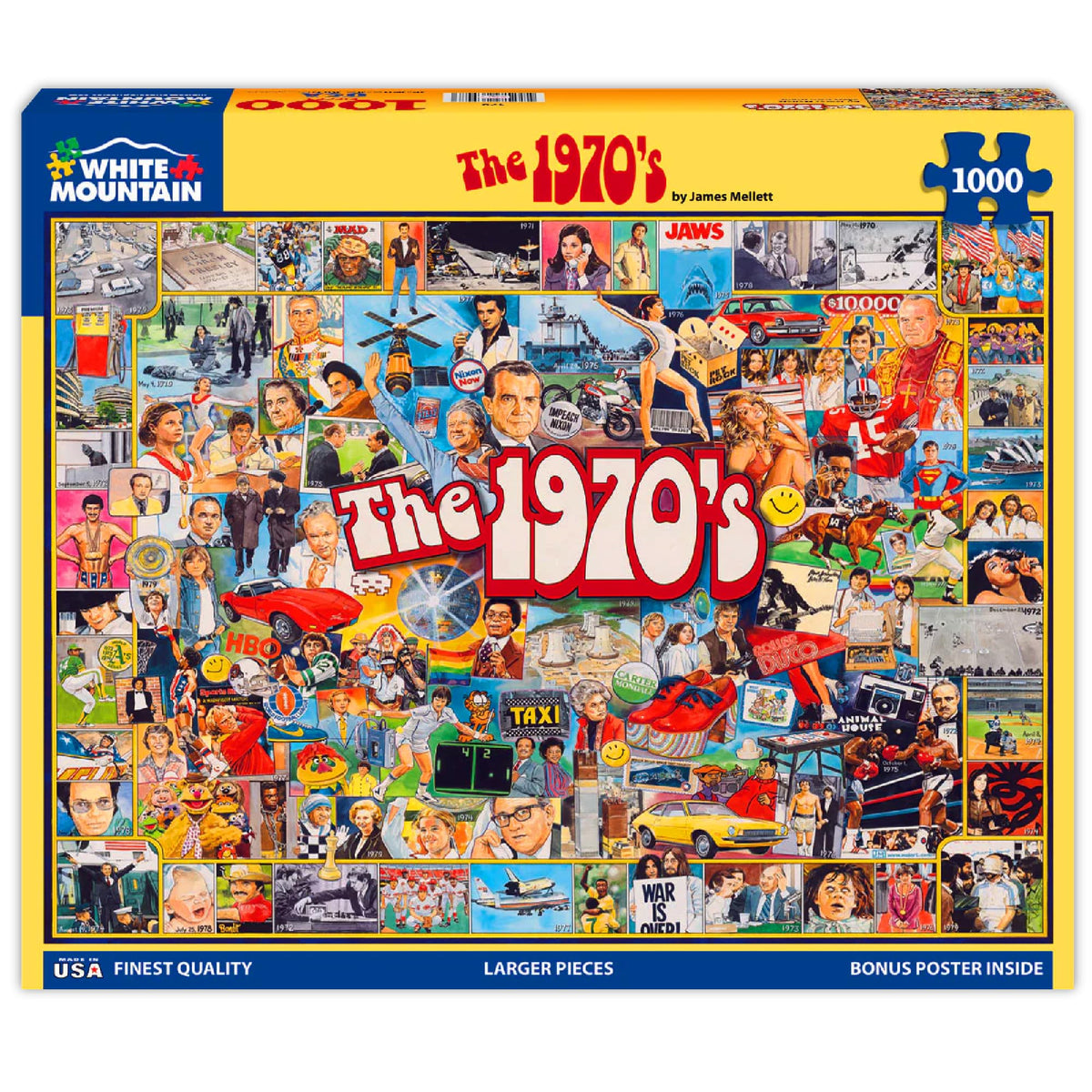 White Mountain seventies nostalgia collage 1000-piece puzzle for family puzzle night.
