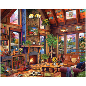 White Mountain wilderness cabin puzzle box invites cozy evenings by the fire.