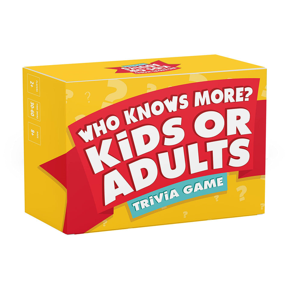 Who Knows More? Kids or Adults game box front, inviting family trivia play and friendly competition.
