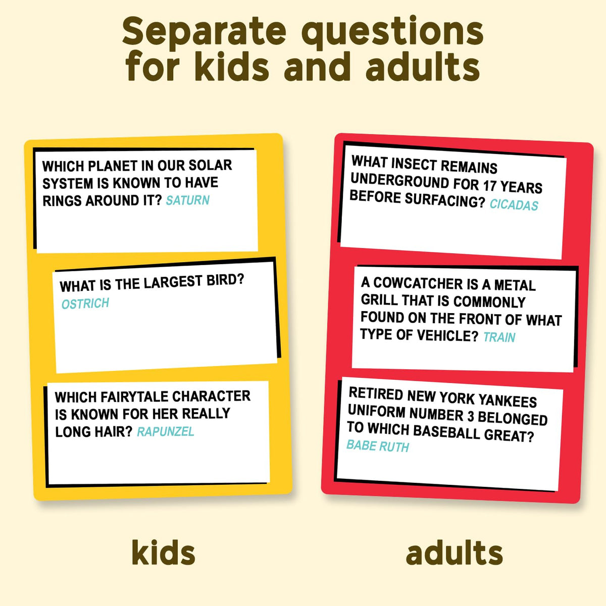 Who Knows More? Kids or Adults question cards ready for quick rounds.