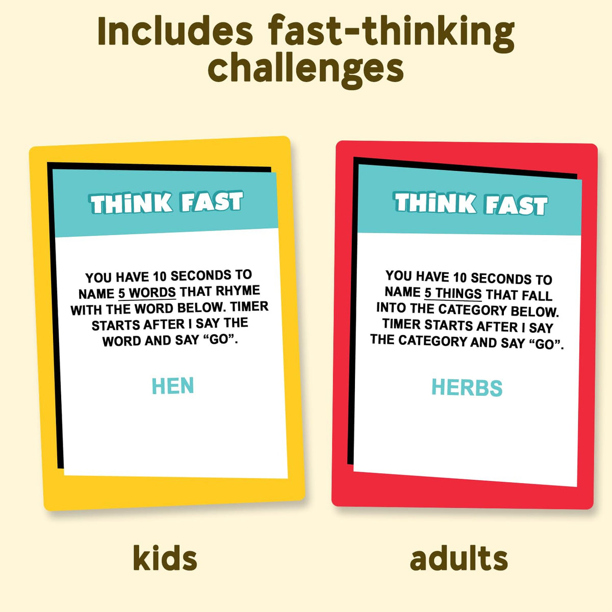 Who Knows More? Kids or Adults scoreboard and cards for smooth gameplay.