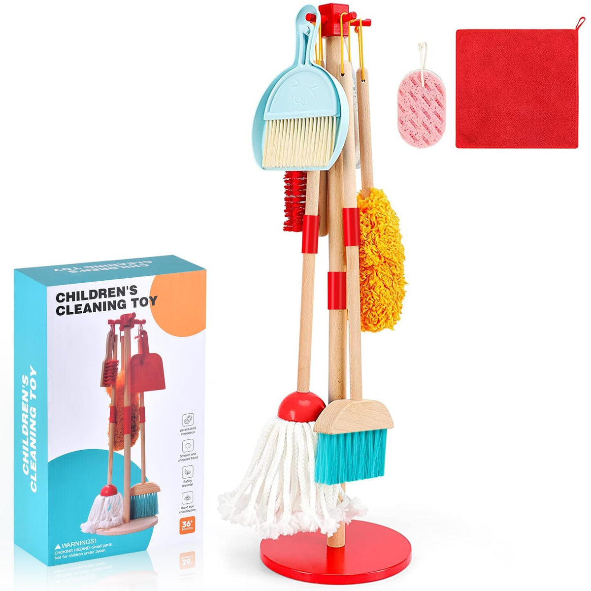 WHOHOLL wooden broom-dustpan set for toddlers promotes pretend-clean play.