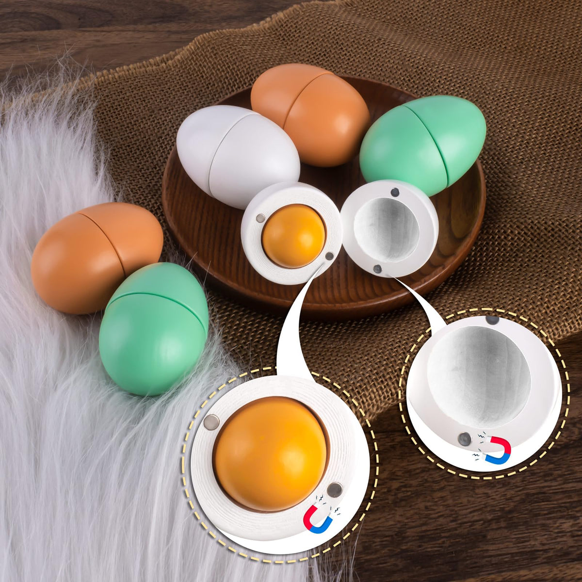 WHOHOLL wooden eggs cracking action close-up for interactive pretend cooking