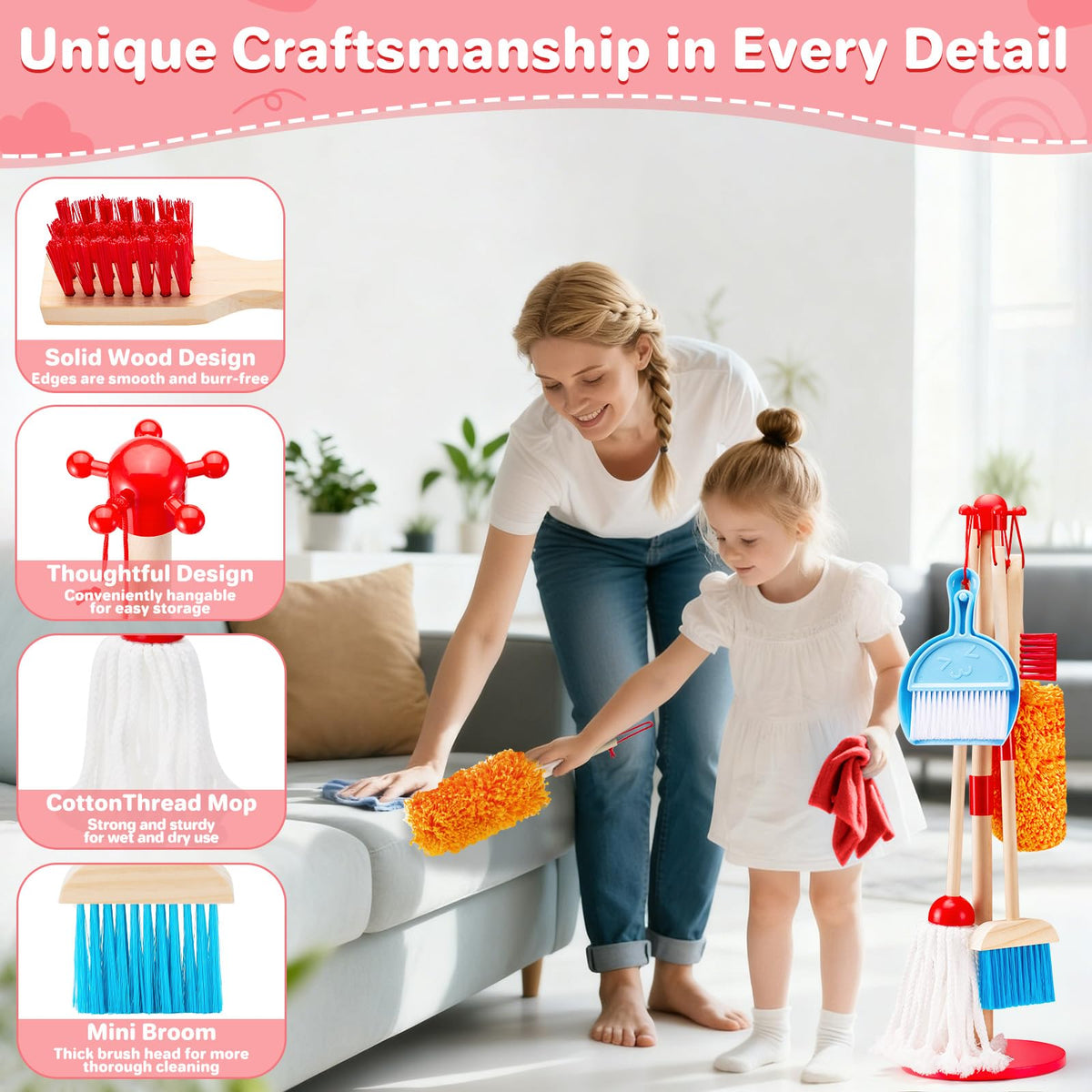 WHOHOLL wooden hand brush for kid-friendly cleaning practice.