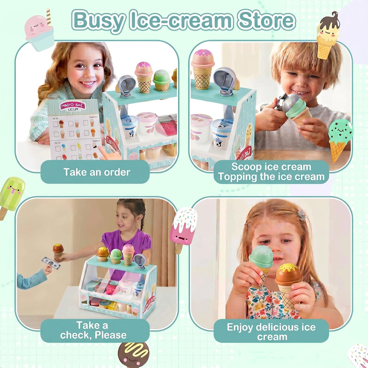 WHOHOLL wooden ice cream bars in green to spark pretend dessert shop storytelling
