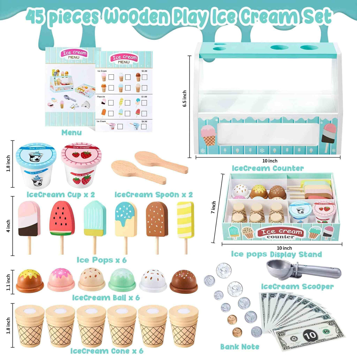 WHOHOLL wooden ice cream cones in green for colorful pretend scoops and ordering