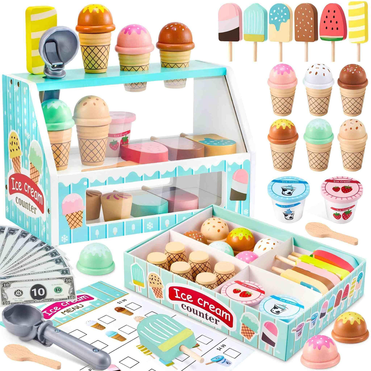 WHOHOLL wooden ice cream counter stand in green for imaginative shop play