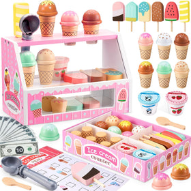 WHOHOLL wooden ice cream counter stand for imaginative play and pretend sales.