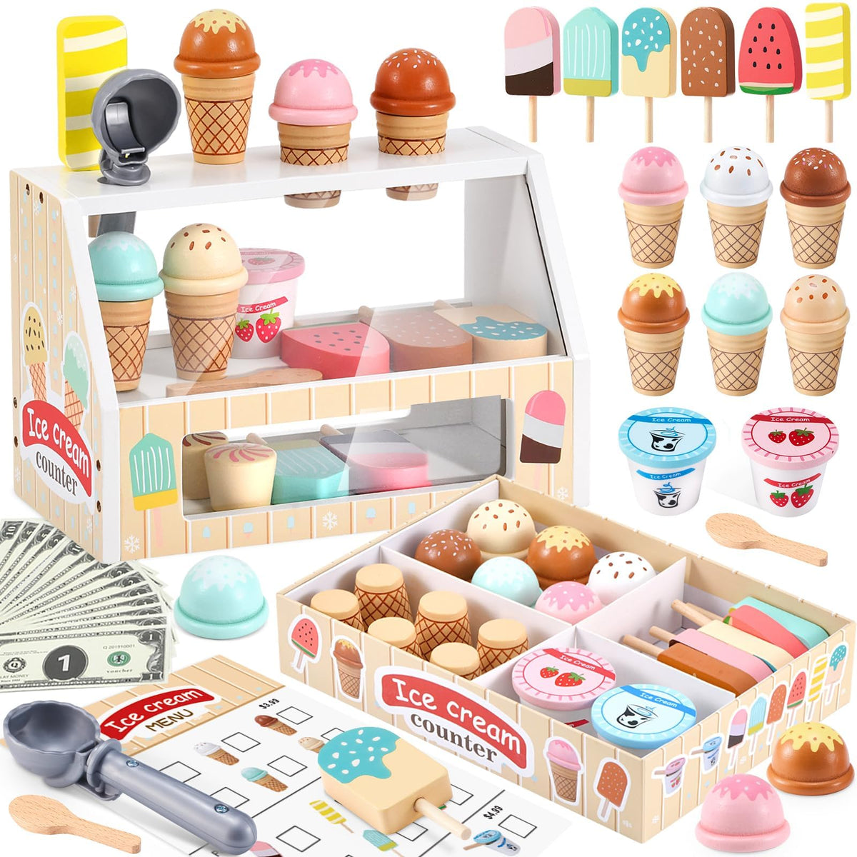 WHOHOLL wooden ice cream counter supports social play and storytelling.