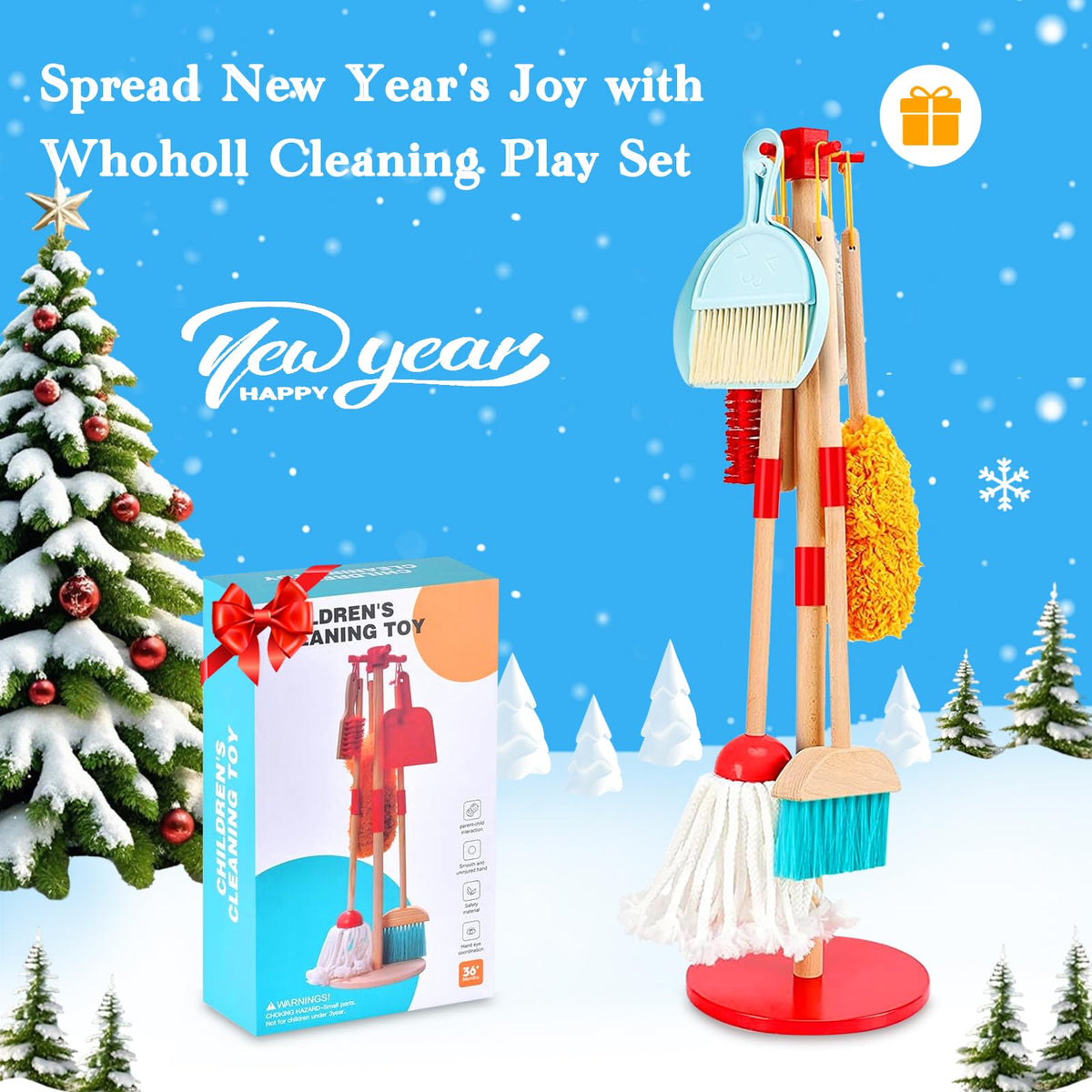 WHOHOLL wooden mop for toddlers encourages active cleanup.