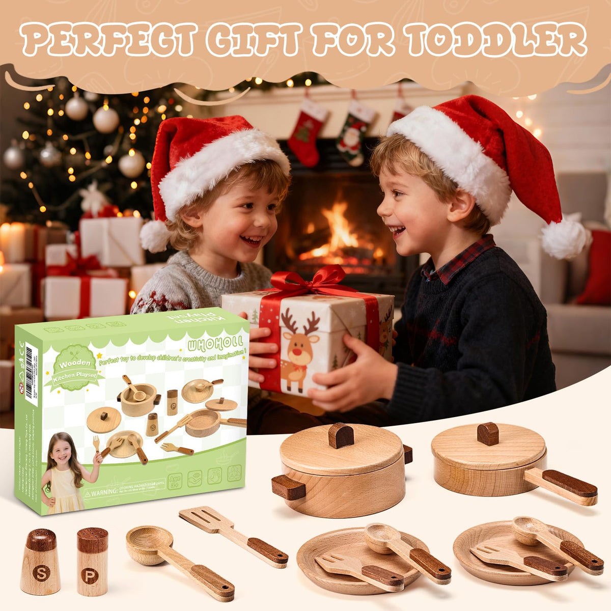 WHOHOLL wooden play cooking set frying pan for imaginative meals during role-play.