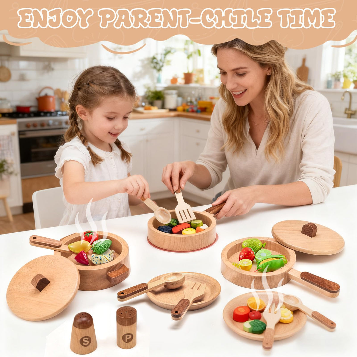 WHOHOLL wooden play cooking set ladle for stirring stories and social play moments.