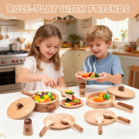 WHOHOLL wooden play cooking set plates for serving pretend meals and sharing with friends.