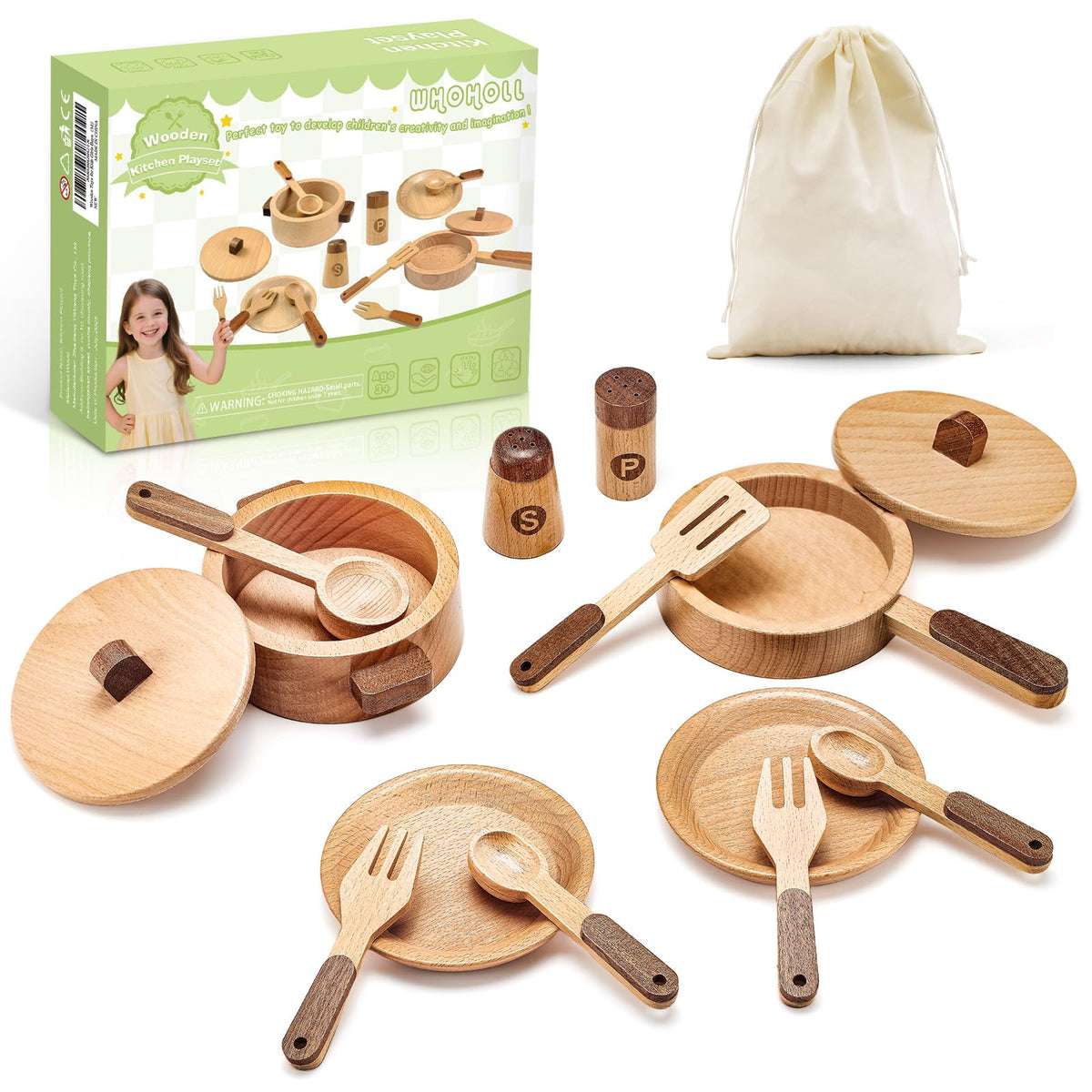 WHOHOLL wooden play cooking set with pot and lid for realistic pretend play.