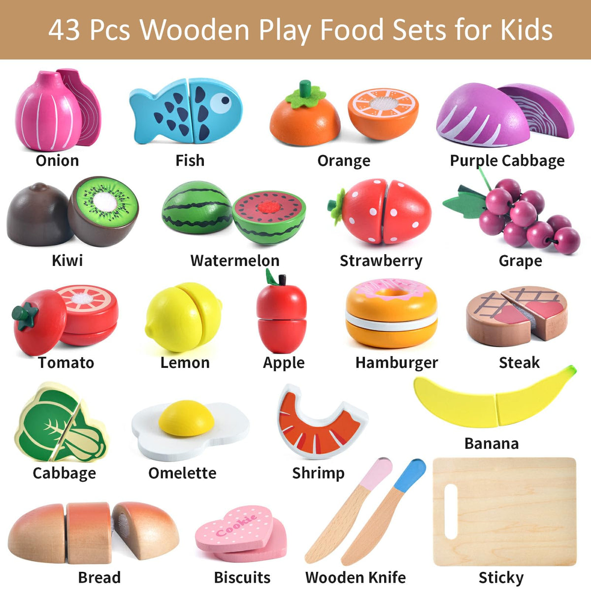 WHOHOLL wooden play food cutting board and knives for safe slicing practice