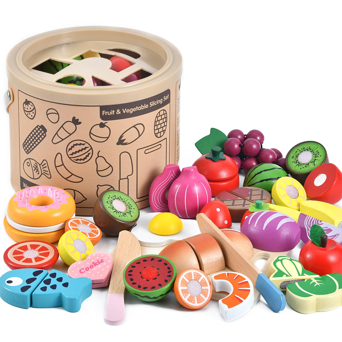 WHOHOLL wooden play food fruits and vegetables for imaginative pretend meals and color learning