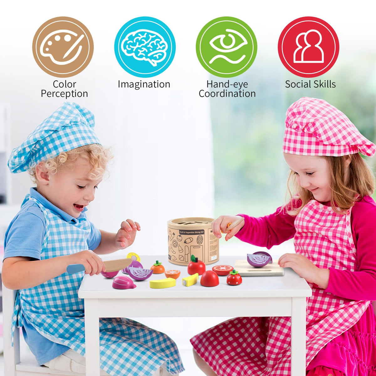 WHOHOLL wooden play food slice pieces for realistic cutting experiences