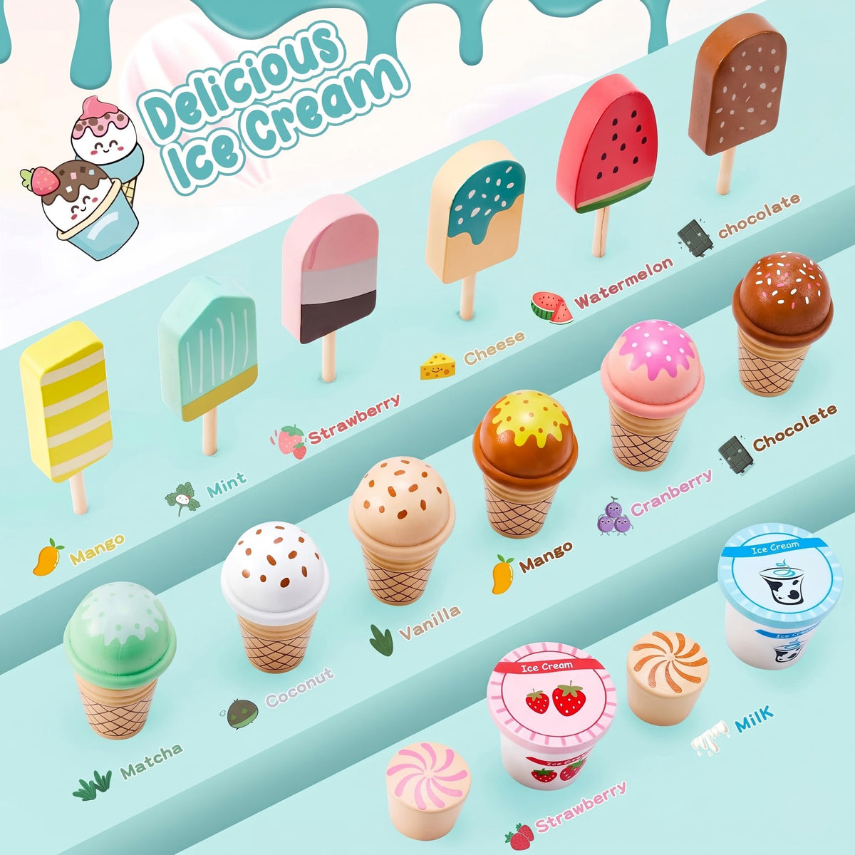 WHOHOLL wooden scoops in green for easy scooping and math-inspired play