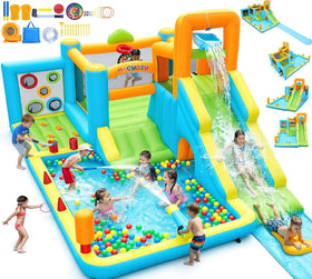 Whubefy 17-in-1 water slide bounce house with extended slip for backyard fun and lasting play.