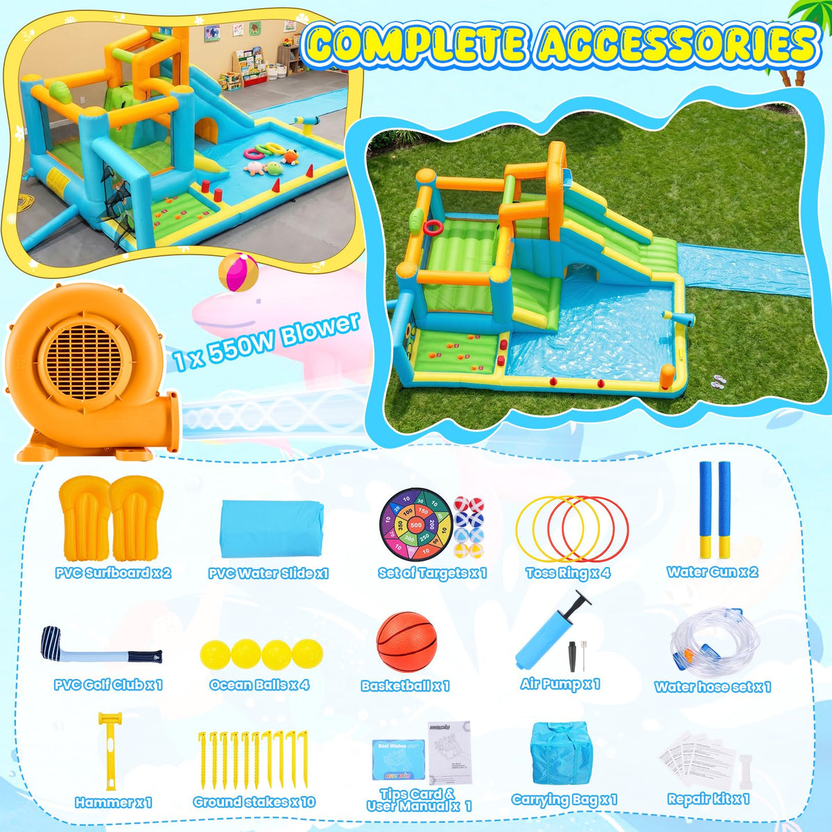 Whubefy all-in-one accessory kit includes stakes, patches, pump, and games.
