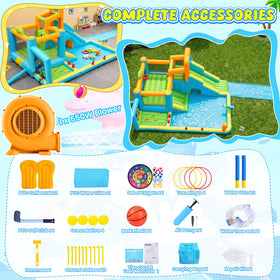 Whubefy all-in-one accessory kit includes stakes, patches, pump, and games.