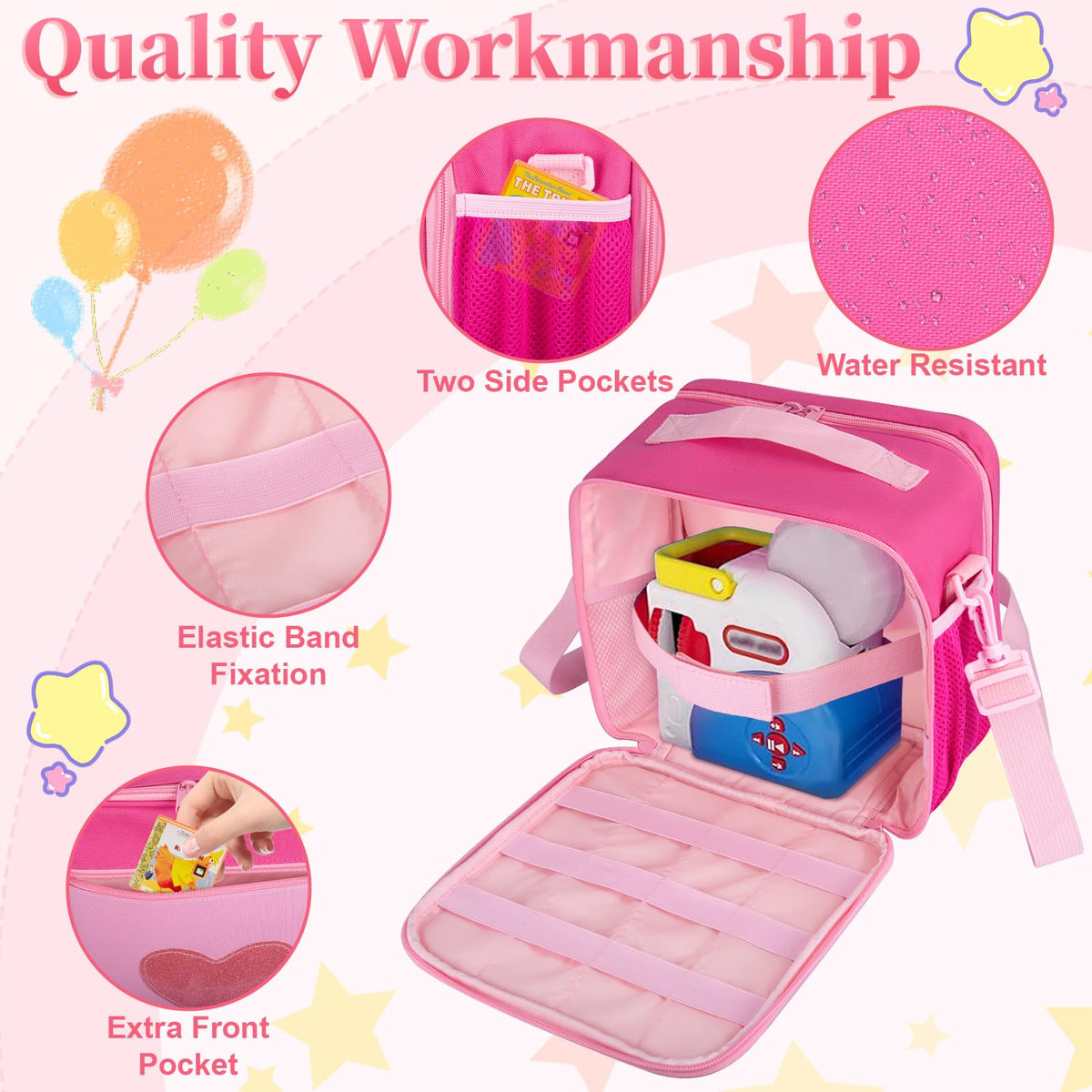 Wigojoy front compartment detail designed to hold storybooks securely.