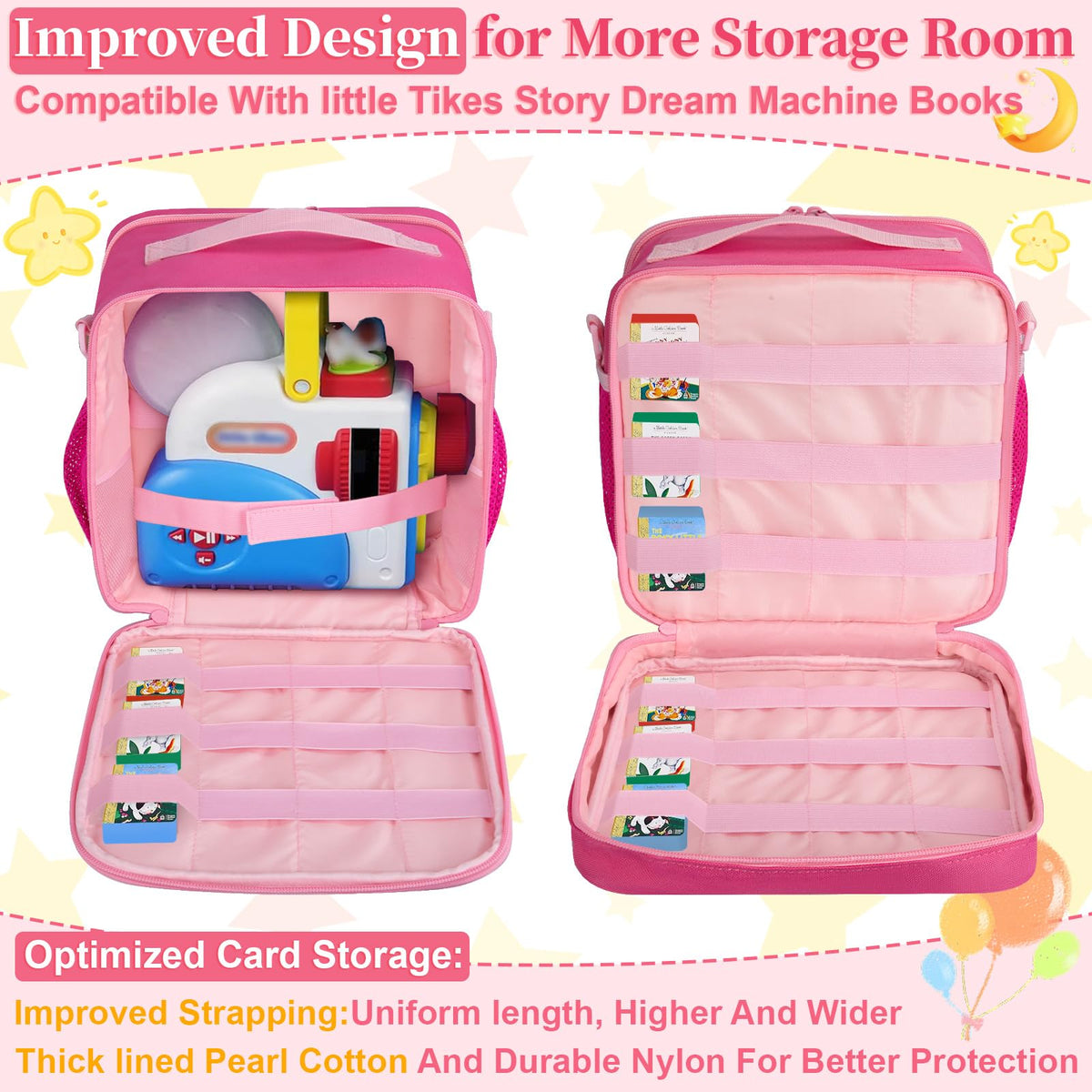 Wigojoy case interior view keeps projector and storybooks neatly organized.