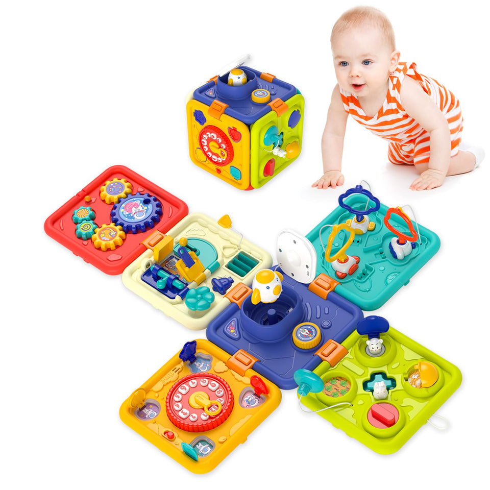WIIBAAHO busy board: six activities for toddlers, multi-sensory exploration.