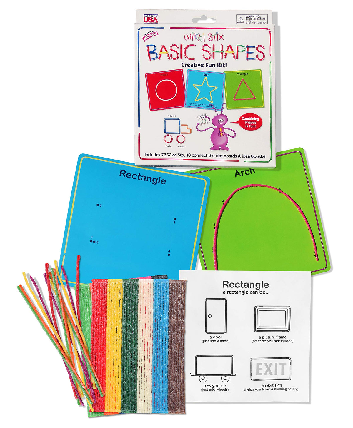 WikkiStix fold-out activities guide demonstrates creative shape combinations for play-based learning.