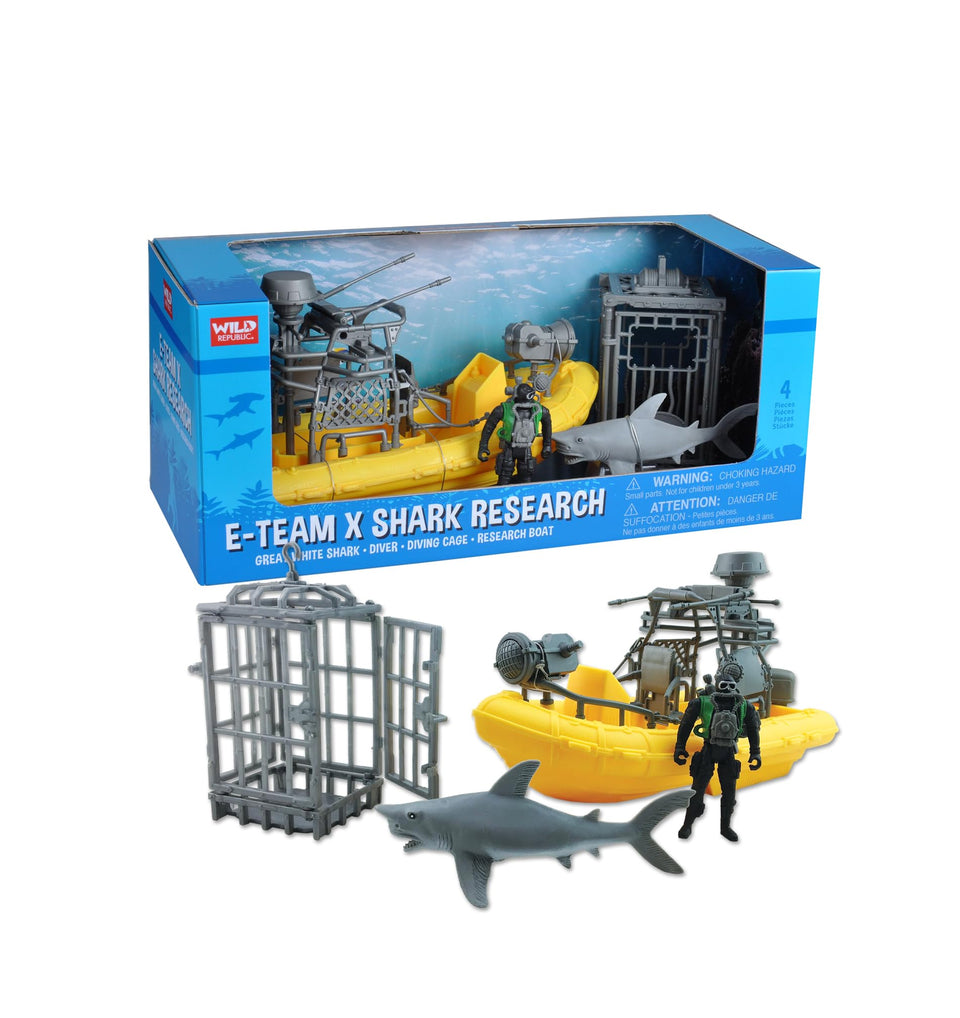 Wild Republic E-Team X Shark Set boat image promotes imaginative ocean adventures for kids.