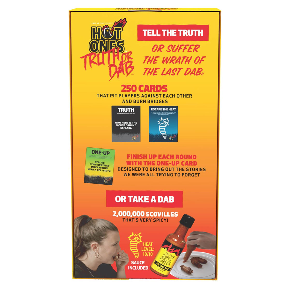 Packaging of Wilder Games Hot Ones Truth or Dab with sauce and cards