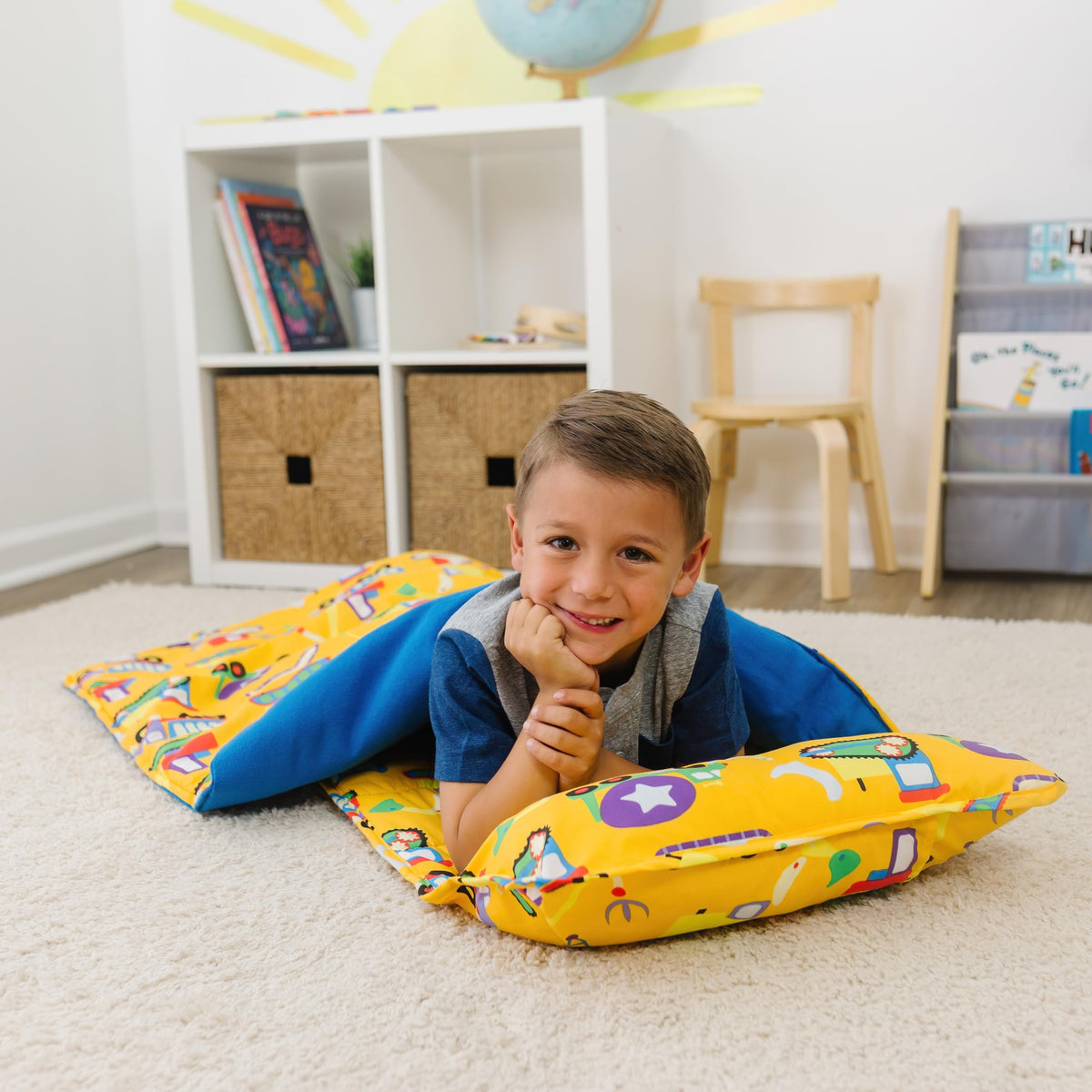 Wildkin nap mat showing integrated pillow for restful naps on the go