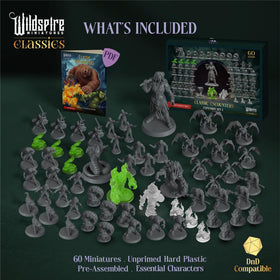Wildspire 60 iconic D&D minis arranged image, ideal for building diverse encounter tables