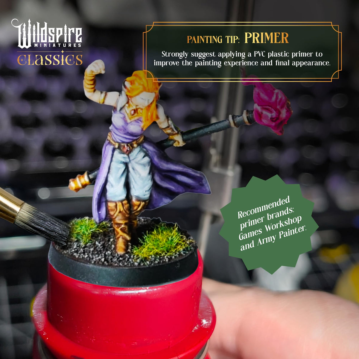 Wildspire Mercenary Guild II primer recommended to create smooth base for bold color coverage.