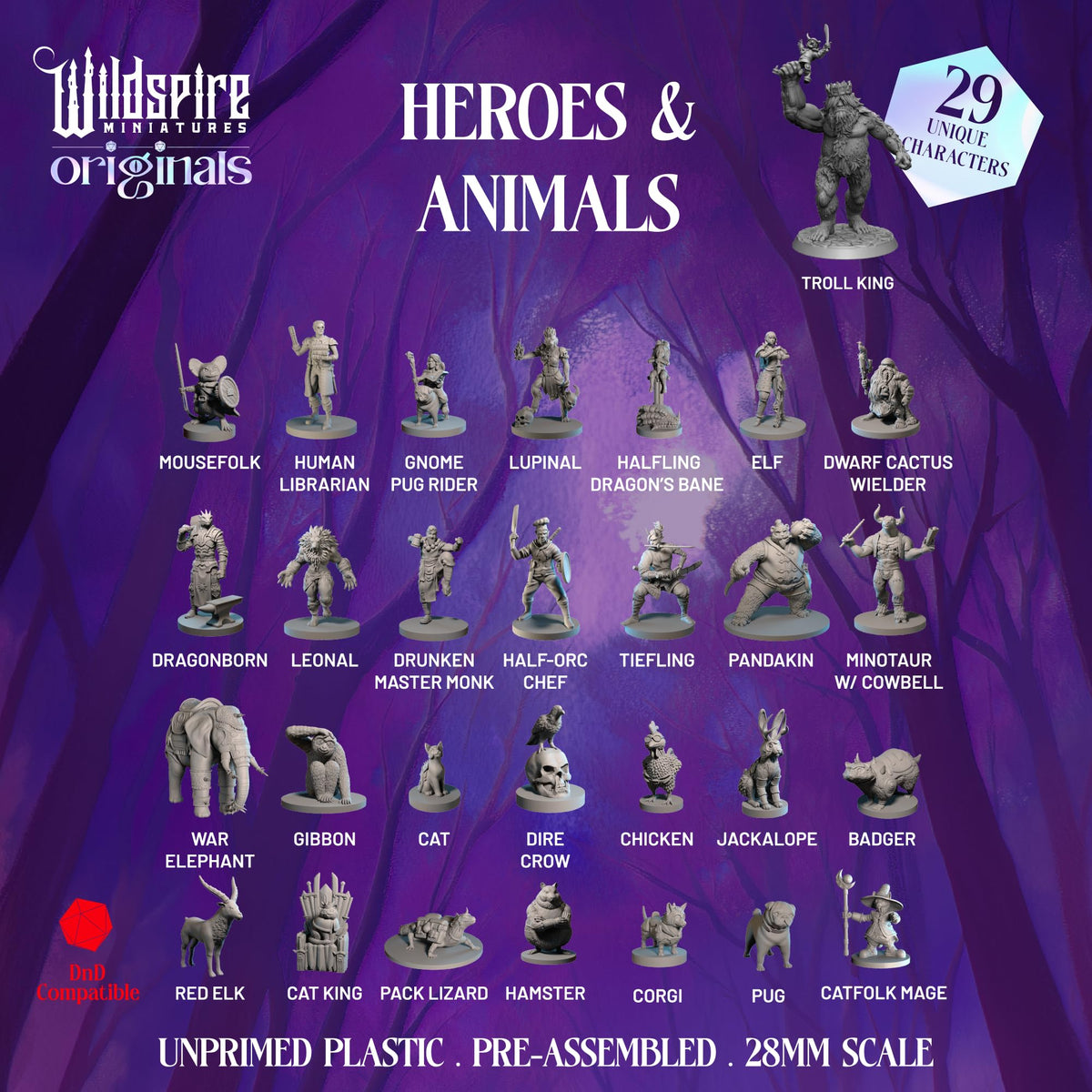 Wildspire NPC animal companions miniature line for encounters and storytelling.