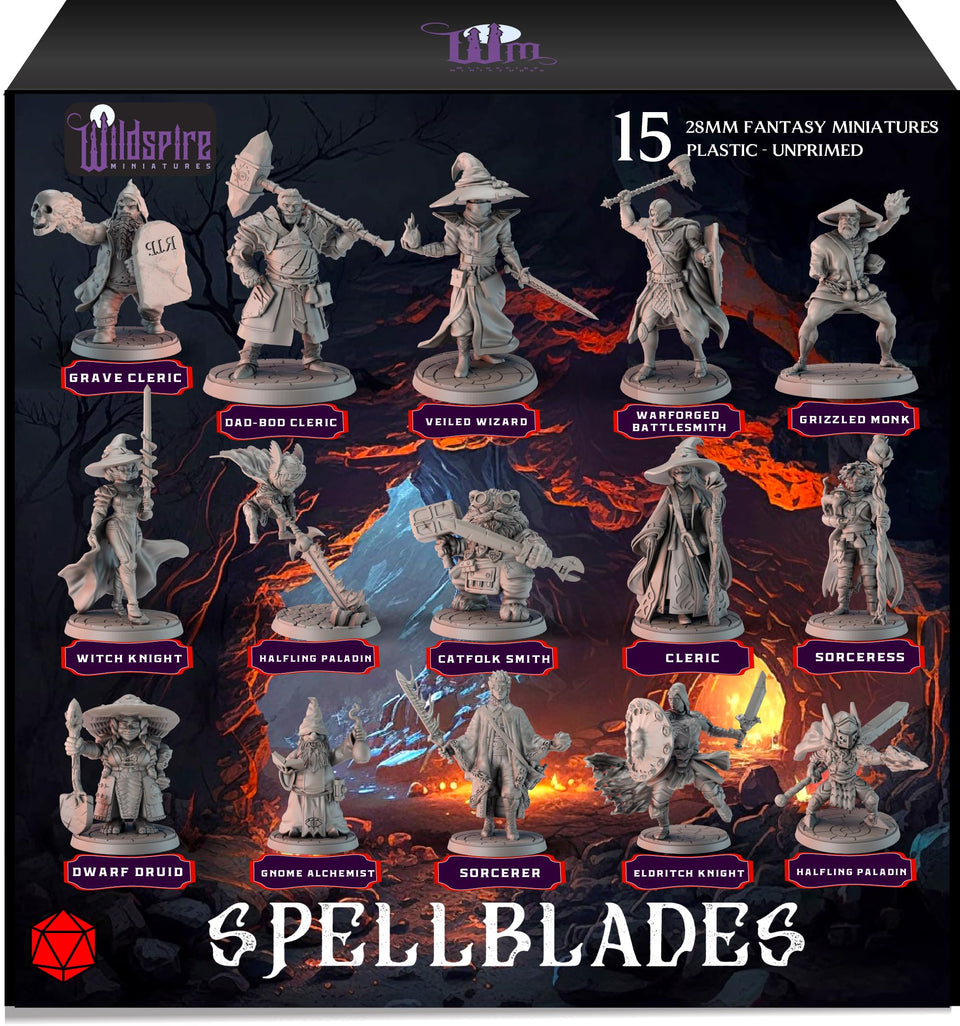 Wildspire Spellblades hero characters box: unpainted minis ready for painting and quick tabletop battles.