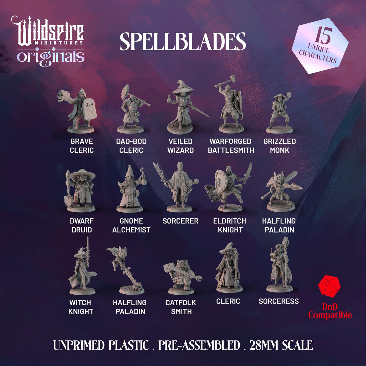 Wildspire Spellblades npc miniatures collection: versatile 28mm figures for D&D and Pathfinder campaigns.
