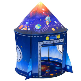WillingHeart rocket tent opens to a starry space for imaginative play.