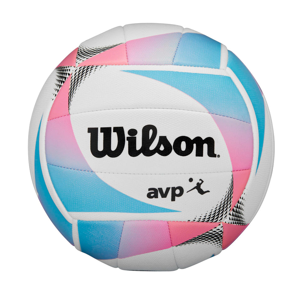 Wilson AVP OPTX Replica Kaleidoscope official-size ball with bright white, blue, and pink palette for on-court visibility.