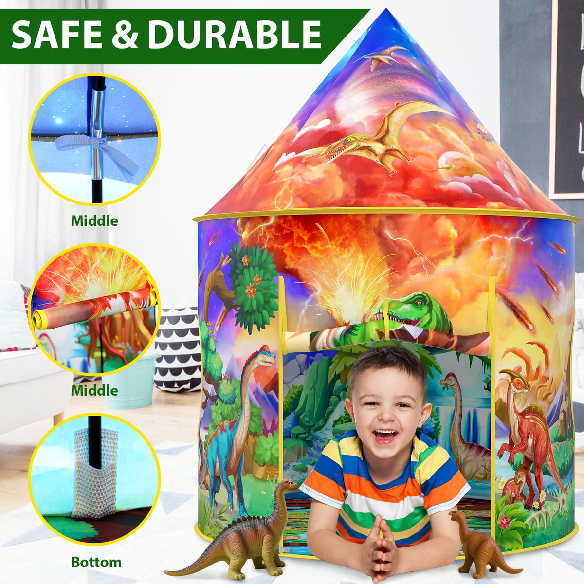 Wilwolfer Dinosaur Tent with vivid graphics supports storytelling adventures.