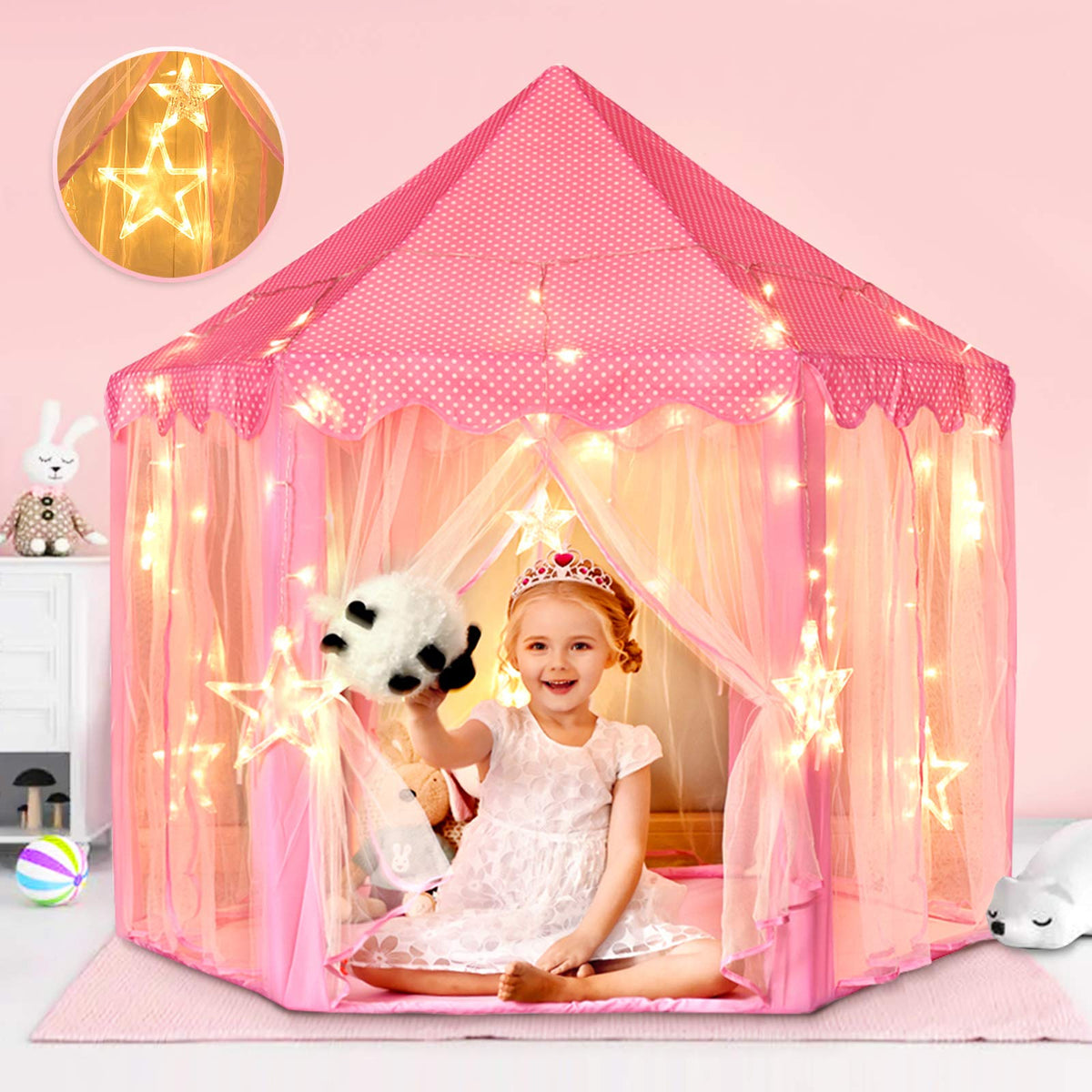 Wilwolfer Princess Tent with large star lights enhances nighttime play ambiance.