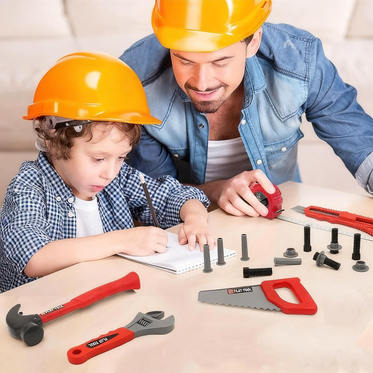 Winbar wooden pieces, nails, and nuts for construction pretend play.